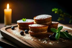 een houten snijdend bord met drie cakes en een kaars. ai-gegenereerd foto