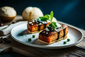 een bord met een stuk van Zalm Aan het. ai-gegenereerd foto