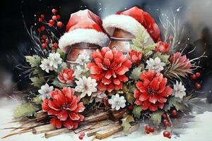 waterverf Kerstmis nog steeds leven met rood en wit bloemen. ai kunst foto