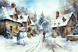 waterverf sprookje Kerstmis landschap met sneeuwmannen Aan de achtergrond van elegant huizen en een winter Woud. ai kunst foto