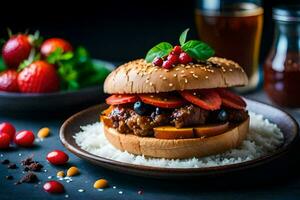 een Hamburger met bessen en tomaten Aan een bord. ai-gegenereerd foto