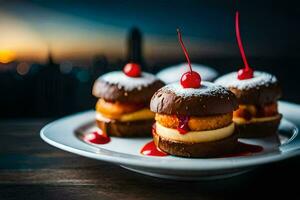 drie mini donuts Aan een bord met een kers Aan top. ai-gegenereerd foto