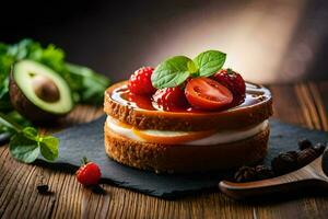 een taart met aardbeien en room Aan een houten tafel. ai-gegenereerd foto