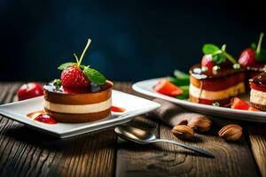 twee desserts Aan wit borden met aardbeien en noten. ai-gegenereerd foto