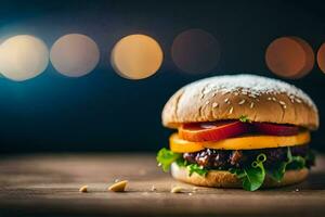 een Hamburger met kaas en tomaten Aan een houten tafel. ai-gegenereerd foto