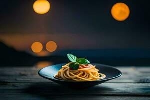 spaghetti in een zwart kom Aan een houten tafel. ai-gegenereerd foto