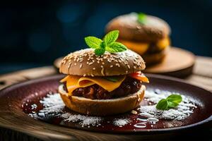 twee hamburgers Aan een houten bord met een bestrooi van zout. ai-gegenereerd foto