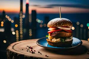 een hamburger zittend Aan een houten tafel met een stadsgezicht in de achtergrond. ai-gegenereerd foto