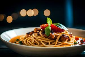 spaghetti met vlees en tomaat saus Aan een bord. ai-gegenereerd foto