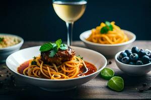 spaghetti met gehaktballen en bosbessen. ai-gegenereerd foto