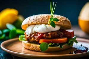 een Hamburger met tomaat, sla en kaas Aan een houten bord. ai-gegenereerd foto