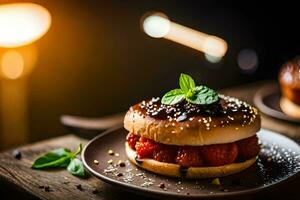 een Hamburger met aardbeien en chocola Aan een bord. ai-gegenereerd foto