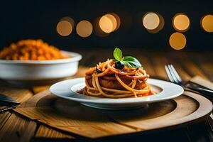 spaghetti met tomaat saus en gehaktballen Aan een bord. ai-gegenereerd foto