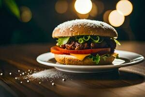 een Hamburger is zittend Aan een bord met een glas van water. ai-gegenereerd foto