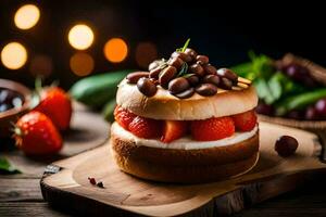 een aardbei taart met chocola en aardbeien. ai-gegenereerd foto
