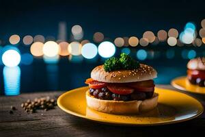 twee hamburgers Aan een bord met een visie van de stad. ai-gegenereerd foto