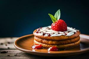 een stack van pannekoeken met room en aardbeien Aan top. ai-gegenereerd foto