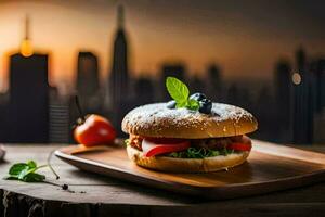 een Hamburger met toppings Aan een houten bord met een stadsgezicht in de achtergrond. ai-gegenereerd foto