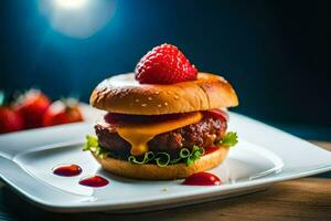een Hamburger met kaas en aardbeien Aan een bord. ai-gegenereerd foto