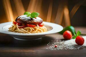 spaghetti met vlees en tomaten Aan een bord. ai-gegenereerd foto