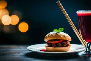 een Hamburger en een glas van sap Aan een tafel. ai-gegenereerd foto