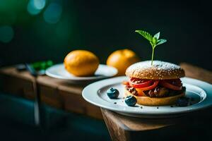 een Hamburger met bosbessen en tomaten Aan een bord. ai-gegenereerd foto