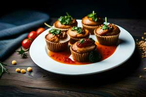 klein cupcakes met saus Aan een wit bord. ai-gegenereerd foto