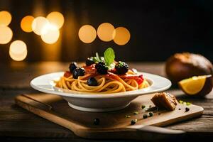 spaghetti met bramen en spek Aan een houten tafel. ai-gegenereerd foto