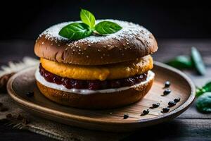 een Hamburger met kaas en veenbes saus Aan een houten bord. ai-gegenereerd foto