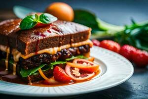 een belegd broodje met vlees, tomaten en sla Aan een bord. ai-gegenereerd foto