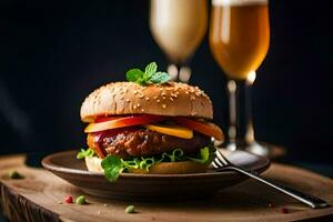 een Hamburger met kaas, tomaten en sla Aan een bord. ai-gegenereerd foto