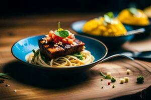 de voedsel is geserveerd in een blauw kom met een houten tafel. ai-gegenereerd foto