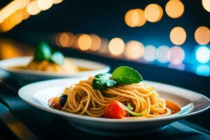spaghetti en tomaat saus in een wit kom Aan een tafel. ai-gegenereerd foto