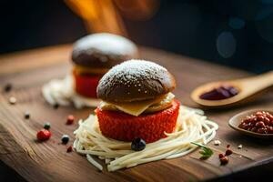 twee hamburgers Aan een houten bord met spaghetti. ai-gegenereerd foto