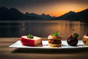 een bord met drie mini desserts en een glas van wijn. ai-gegenereerd foto