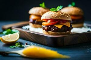 drie hamburgers Aan een houten dienblad met citroen en limoen. ai-gegenereerd foto