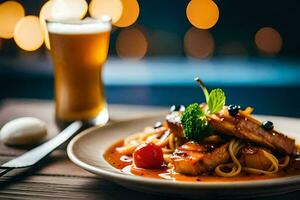 een bord van pasta met tomaat saus en een glas van bier. ai-gegenereerd foto