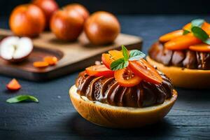 twee klein brood met tomaten en basilicum Aan een zwart achtergrond. ai-gegenereerd foto