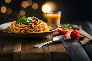 spaghetti met vlees en groenten in een kom Aan een houten tafel. ai-gegenereerd foto