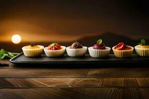 een dienblad van mini desserts Aan een houten tafel. ai-gegenereerd foto