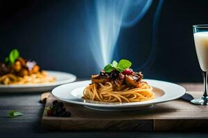 een bord van spaghetti met vlees en bessen Aan een houten tafel. ai-gegenereerd foto