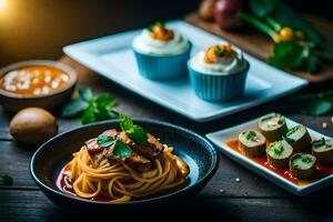 een tafel met pasta, saus en andere borden. ai-gegenereerd foto