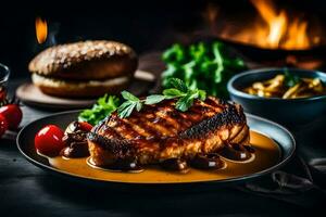 gegrild steak met groenten en saus Aan een bord. ai-gegenereerd foto