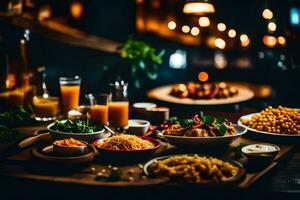 een tafel met voedsel en drankjes Aan het. ai-gegenereerd foto