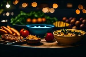 een tafel met voedsel en een blauw licht. ai-gegenereerd foto