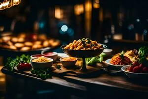 een tafel met divers gerechten van voedsel. ai-gegenereerd foto