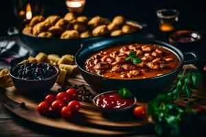 kip Chili met maïsbrood en tomaten. ai-gegenereerd foto