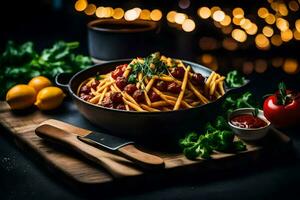 Chili pasta in een zwart pan Aan een houten snijdend bord. ai-gegenereerd foto