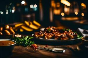 voedsel Aan een tafel met kommen van soep en saus. ai-gegenereerd foto