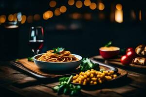 spaghetti met tomaat saus en brood Aan een houten tafel. ai-gegenereerd foto